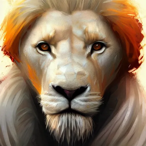 Image similar to aesthetic portrait commission of a of a male fully furry muscular anthro albino lion in orange tracksuit,digital art,art by greg rutkowski,character design by charles bowater,detailed face,hyperdetailed,photorealistic,artstation,deviantart,4k,western comic art,sharp,high definition