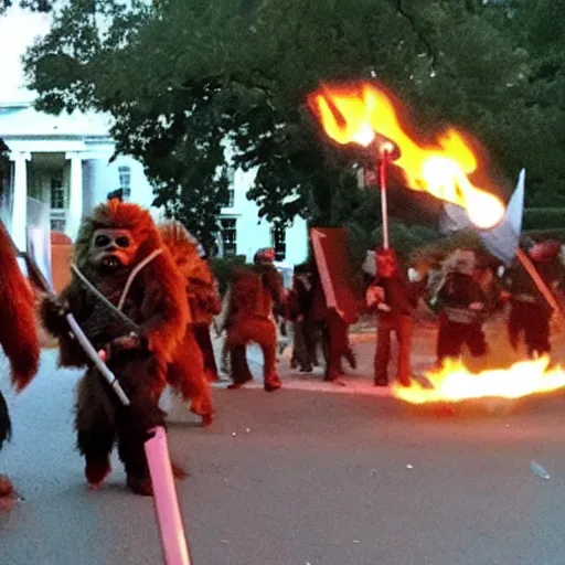 Prompt: a still of thousands of ewoks rioting in front of a the white house in washington.!!!, flaming torches and pitchforks