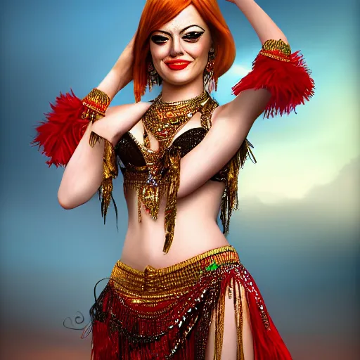 Image similar to a digital portrait of emma stone dressed as a belly dancer, arabian night, high quality, fully detailed, 4 k, in focus face with fine details, realistic hand details and anatomy