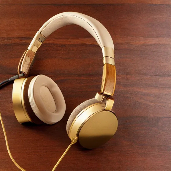 Prompt: beautiful well designed high fidelity meze classics headphones, gold metal, wood cups, leather padding, on mahogany desk, modernist headphones, wood headphones hyperrealistic, audiophile, intricate hyper detail, extreme high quality, photographic, meze audio, sennheiser, hifiman