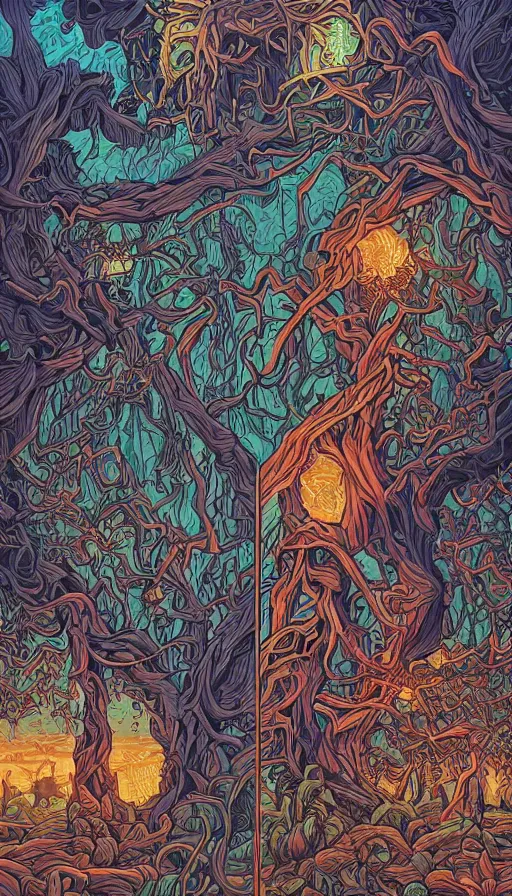 Image similar to life and death mixing together, by dan mumford