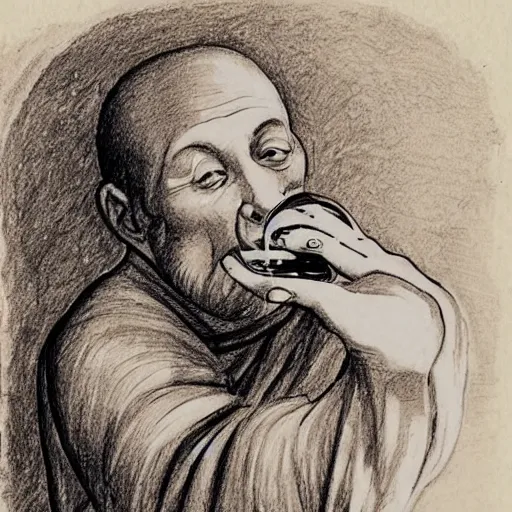 Prompt: sketch of a monk drinking wine next to a barrel, in the style of da Vinci