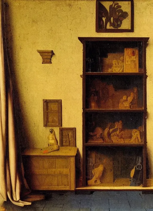 Image similar to bookshelf with books and children toys, medieval painting by jan van eyck, johannes vermeer, florence