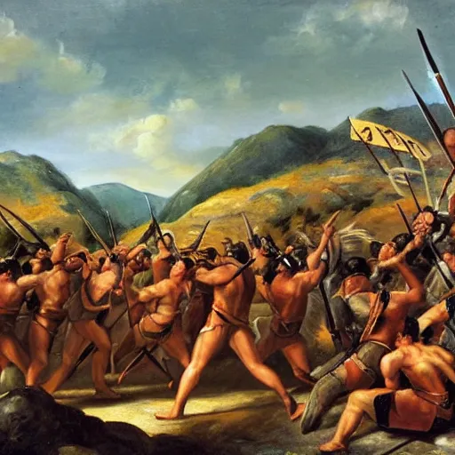 Image similar to spartans fighting the persians at the thermopylae, oil painting