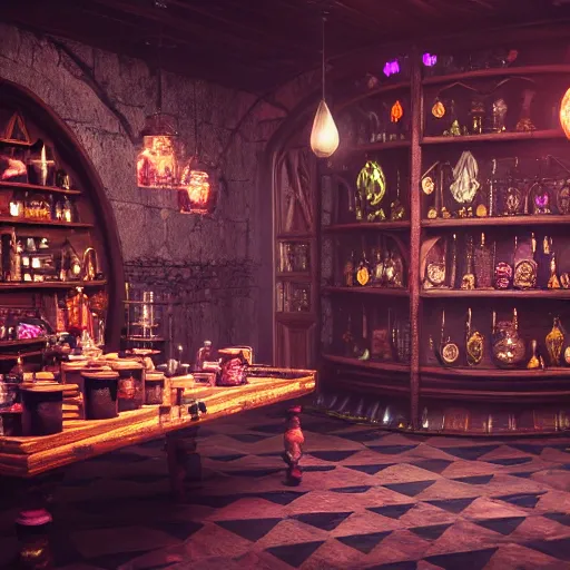 Image similar to inside a magical item shop, fantasy potion vendor interior, dark art, gothic interior, small details, 8K, octane render, unreal engine