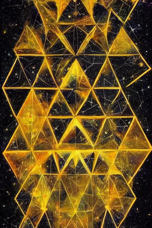 Prompt: visionary art of triangles within triangles of golden light floating in outer space full of stars and galaxies, showing an entrance to another dimension full of light and spiritual joy, elegance and vertical symmetry