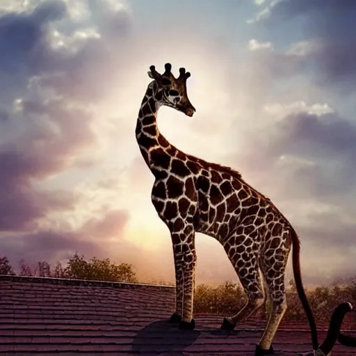 Prompt: a cat standing on the rooftop, the cat looks like giraffe, giraffe head and giraffe tail, fantasy, intricate, epic lighting, cinematic composition, hyper realistic, 8 k resolution, unreal engine 5, by artgerm, tooth wu, dan mumford, beeple, wlop, rossdraws, james jean, andrei riabovitchev, marc simonetti, artstation