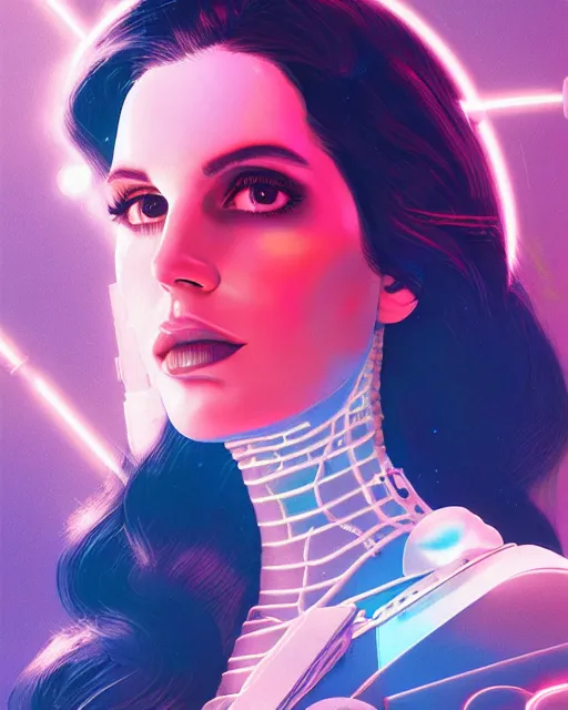 Image similar to portrait of lana del rey as a cyborg. intricate abstract. intricate artwork cyberpunk by tooth wu, wlop, beeple, dan mumford. octane render, trending on artstation, greg rutkowski very coherent symmetrical artwork. cinematic, hyper realism, high detail, octane render, 8 k, blue and pink iridescent accents