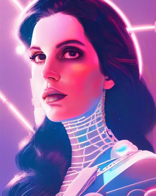 Prompt: portrait of lana del rey as a cyborg. intricate abstract. intricate artwork cyberpunk by tooth wu, wlop, beeple, dan mumford. octane render, trending on artstation, greg rutkowski very coherent symmetrical artwork. cinematic, hyper realism, high detail, octane render, 8 k, blue and pink iridescent accents