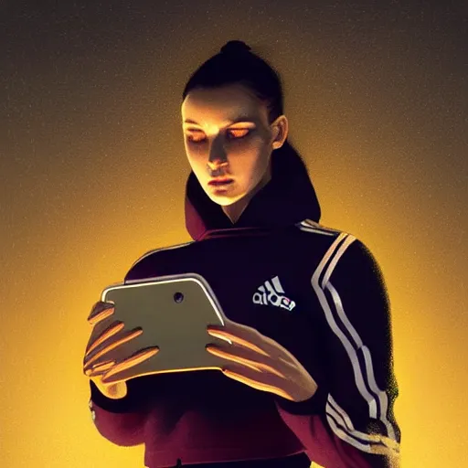 Prompt: portrait of attractive slav heroine wearing an addidas tracksuit with a phone in hand. illuminated phone screen, by greg rutkowski and wlop, detailed, cinematic, 8 k, intricate, rule of thirds.