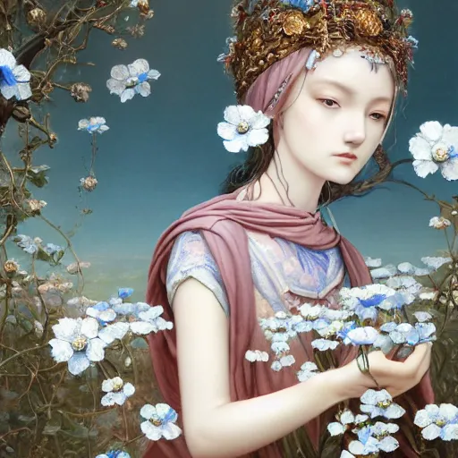 Image similar to breathtaking detailed concept art painting of the goddess of nemophila flowers, orthodox saint, with anxious, piercing eyes, ornate background, amalgamation of leaves and flowers, by Hsiao-Ron Cheng, James jean, Miho Hirano, Hayao Miyazaki, extremely moody lighting, 8K