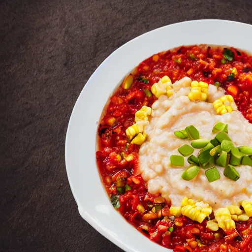 Prompt: A plate of maize porridge with tomato and onion relish, professional photography, 8k, food photography