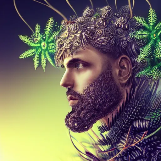 Image similar to a male knight with beard, stern face, clear eyes, shining armour made of steel, and fractal flowery hair in a fractal garden, glowing delicate flower, berries and ferns that grow in a dark fantasy forest, full frame,