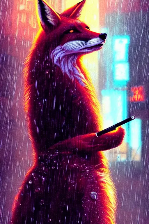 Image similar to beautiful portrait of a tall female anthro fox, smoking a cigarette in the rain, shoulders taller than the crowd, in a wet street of a city, cyberpunk, harsh neon lights, highly detailed, deep shadows, digital painting, shallow depth of field, illustration, art by sakimichan, artgerm