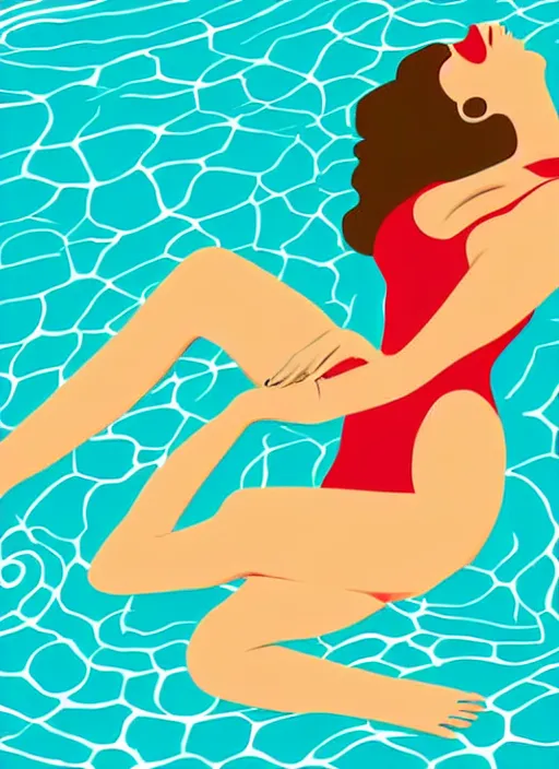 Prompt: portrait of a girl, in retro swimsuit, lying by the pool, minimalist illustration, flat colors, contrasting shadows art by anri matiss