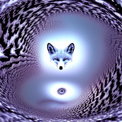 Prompt: hyperrealism photography computer simulation visualisation of parallel universe cgi anime scene with white fox by caravaggio rendered in mandelbulb 9 d