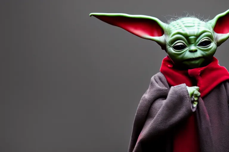 Image similar to Sith!! Baby Yoda!!, black robes, spot lit, closeup shallow depth of field, red glowing eyes