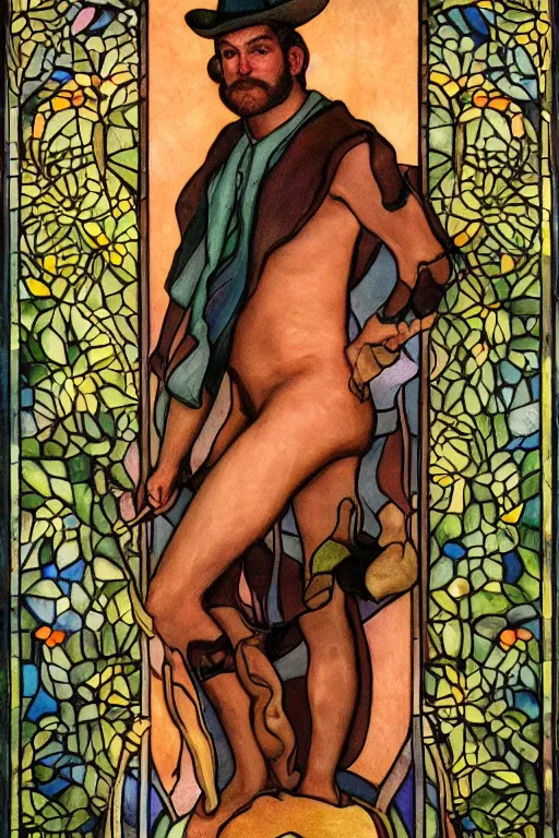 Prompt: a beautiful tarot card of a shirtless cowboy | dad bod, homoerotic, art deco, art nouveau | ( by louis comfort tiffany ) | trending on artstation