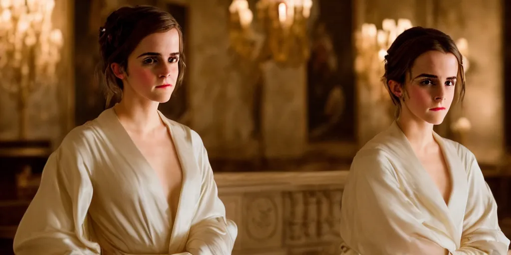 Prompt: portrait Emma Watson flowing silk robes baroque room cinematic lighting Stanley Kubrick Barry Lyndon canon 5d mk4