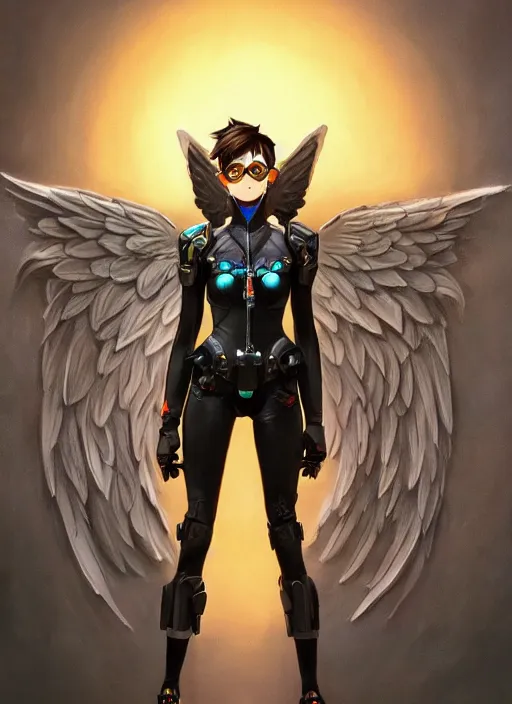 Image similar to full body artwork of tracer overwatch, wearing leather outfit, in style of zdzisław beksinski, angel wings, dramatic painting, symmetrical composition, wearing detailed steel collar, black shiny armor, chains, black harness, detailed face and eyes,