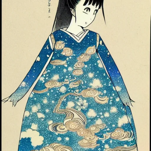 Image similar to a tamura yoshiyasu style drawing of a girl wearing a beautiful dress that has a galaxy and water design, 8 k, highly detailed,