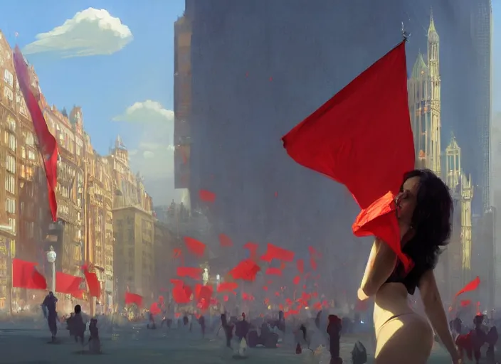 Prompt: gorgeous inspiring girl enthusiastically waving a red flag over her head dancing with celebrating crowd in a Mandelbrot fractal bustling modern London by Craig Mullins, ilya kuvshinov, krenz cushart, artgerm trending on artstation by Edward Hopper and Dan Mumford and WLOP and Rutkovsky, Unreal Engine 5, Lumen, Nanite