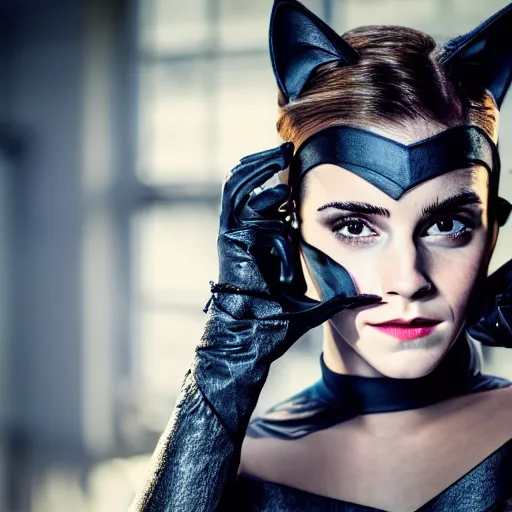 Image similar to Emma Watson as Catwoman, XF IQ4, f/1.4, ISO 200, 1/160s, UHD, Sense of Depth, Depth Layering, AI enhanced, HDR, in-frame