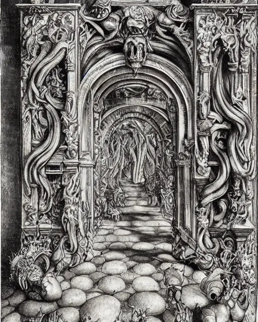 Prompt: gates of hell, fine details, photorealistic, intricate complexity, extremely detailed, very sharp, in the style of albrecht durer,