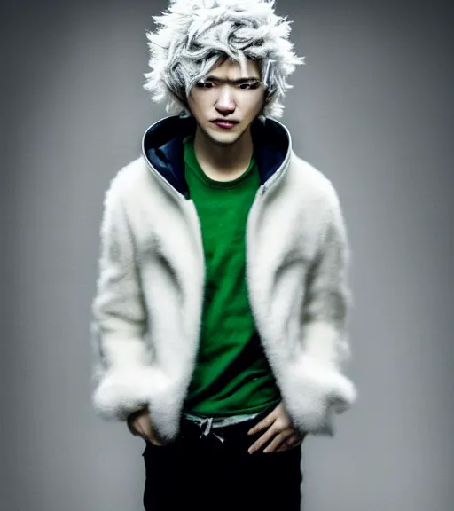 Prompt: nagito komaeda fashion photoshoot, a japanese man with white fluffy longish hair, thin sharp features, extremely pale, gray eyes, green hoodie, fashion photography, dynamic pose, young and beautiful, magazine cover, japanese facial features