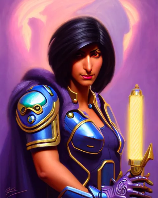 Image similar to pharah from overwatch, fantasy, fantasy art, fantasy, colorful, elegant, character portrait, portrait, close up, highly detailed, intricate detail, amazing detail, sharp focus, vintage fantasy art, vintage sci - fi art, radiant light, caustics, by boris vallejo