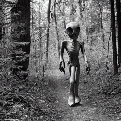 Image similar to old photo of an alien walking through the woods