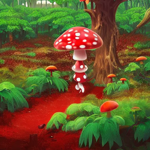 Prompt: a forest of giant red and white spotted mushroom, exotic foliage, Mario walking along path, piranha plants hanging from vines, artstation, matte painting, colorful, beautiful, cinematic lighting