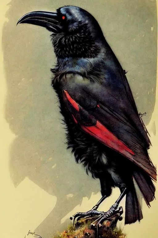 Image similar to adventurer ( ( ( ( ( 1 9 5 0 s retro future raven bird. forrest in background. muted colors. ) ) ) ) ) by jean baptiste monge!!!!!!!!!!!!!!!!!!!!!!!!! chrome red