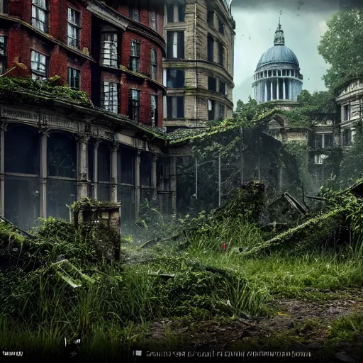 Prompt: overgrown london in ruins, highly detailed, 4k, HDR, award-winning, artstation, octane render