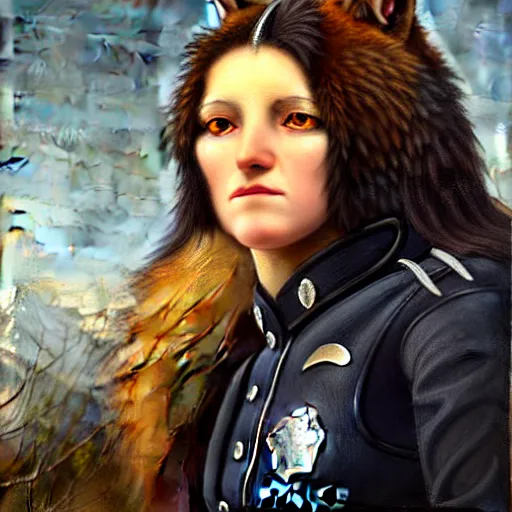 Image similar to a head - and - shoulders portrait of a female wolf wolfwoman wearing a police uniform looking off camera, an american romanticism painting, a portrait painting, cgsociety, soft focus, oil on canvas