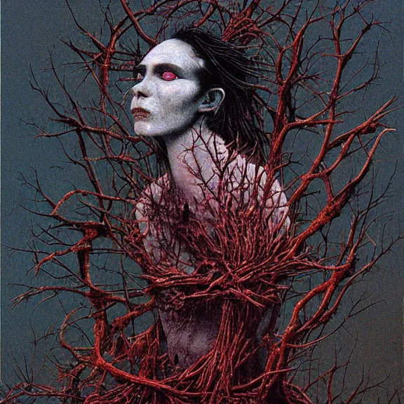Image similar to crow girl in thorns by Beksinski