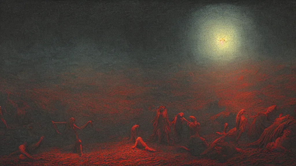 Prompt: deep rich colors autochrome illustration lithograph, the survivors lay quietly in that cratered void and watched the whitehot stars go rifling down the dark, blood meridian, colored etching by gustave dore, matte painting, 8 k resolution artwork, folk horror, dramatic eerie lighting, trending on artstation, painting, elaborate excellent painted illustration, smooth