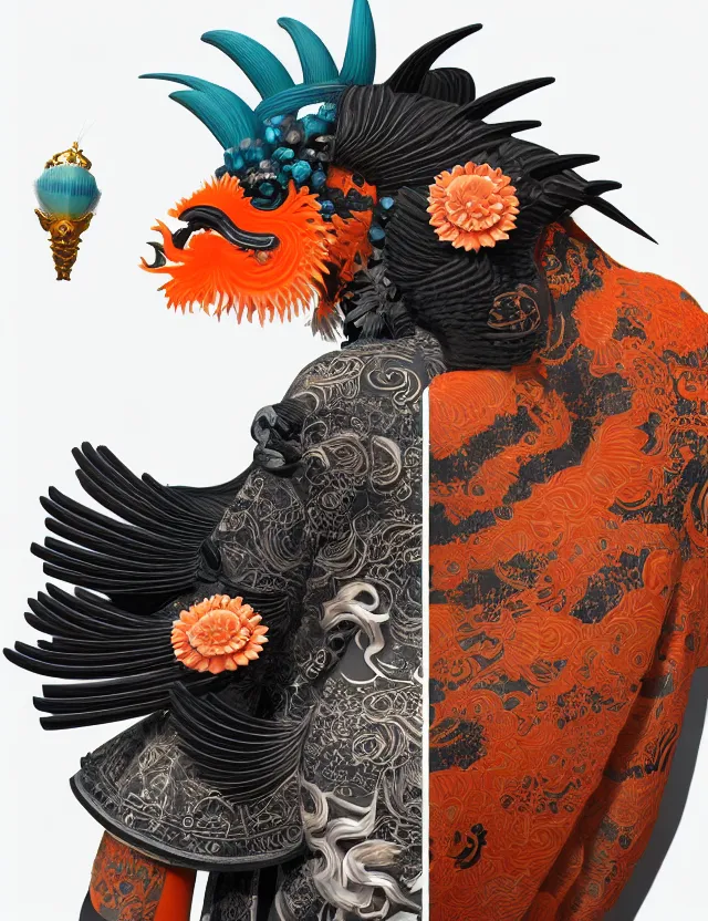 Image similar to 3 d goddess close - up profile portrait biomechanics with ram skull. beautiful intricately detailed japanese crow kitsune mask and clasical japanese kimono. betta fish, jellyfish phoenix, bio luminescent, plasma, ice, water, wind, creature, artwork by tooth wu and wlop and beeple and greg rutkowski. gold and black and teal and orange color scheme