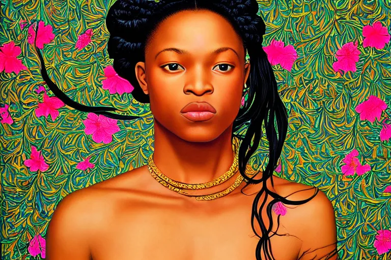 Image similar to a beautiful girl with long hair and with iridescent skin by kehinde wiley