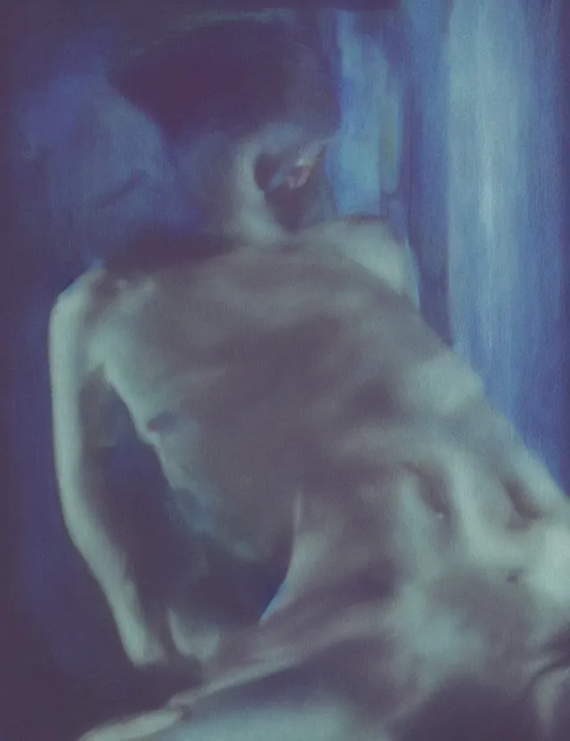 Prompt: boy in dark room praying on kness, blue rays from tv, redshift, colour shift, wide shot, coloured polaroid photograph, pastel, kodak film, hyper real, stunning moody cinematography, by maripol, fallen angels by wong kar - wai, style of suspiria and neon demon, david hockney, detailed, oil on canvas