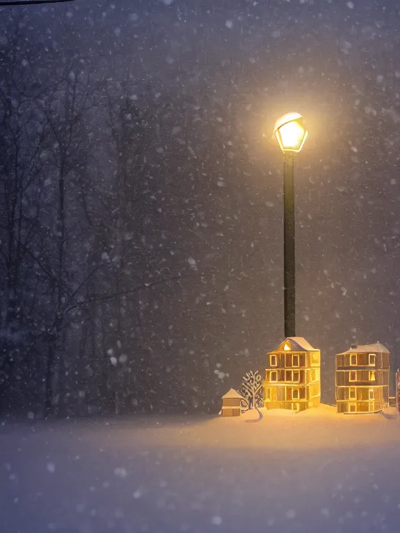 Prompt: product shoot of a snow globe of tiny soviet residential building, lights are on in the windows, cozy atmosphere, fog, cold winter, snowing, streetlamps with orange volumetric light, birches