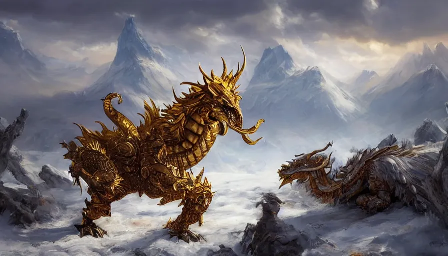 Image similar to golden dragon in a nordic landscape under bright daylight with fluffy clouds, set in the world of Guildwars2, painted by Hans Fredrik Gude, Greg Rutkowksi and Artgerm, concept art 2022, ultra realistic masterpiece, contrasting details vs blank areas, oil on canvas