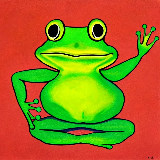 Prompt: painting of a smiling green frog with rosy cheeks stirring a steaming bowl of brown beans. the frog is in the sitting position and has a small yellow oval belly. green yellow pink splotchy background.