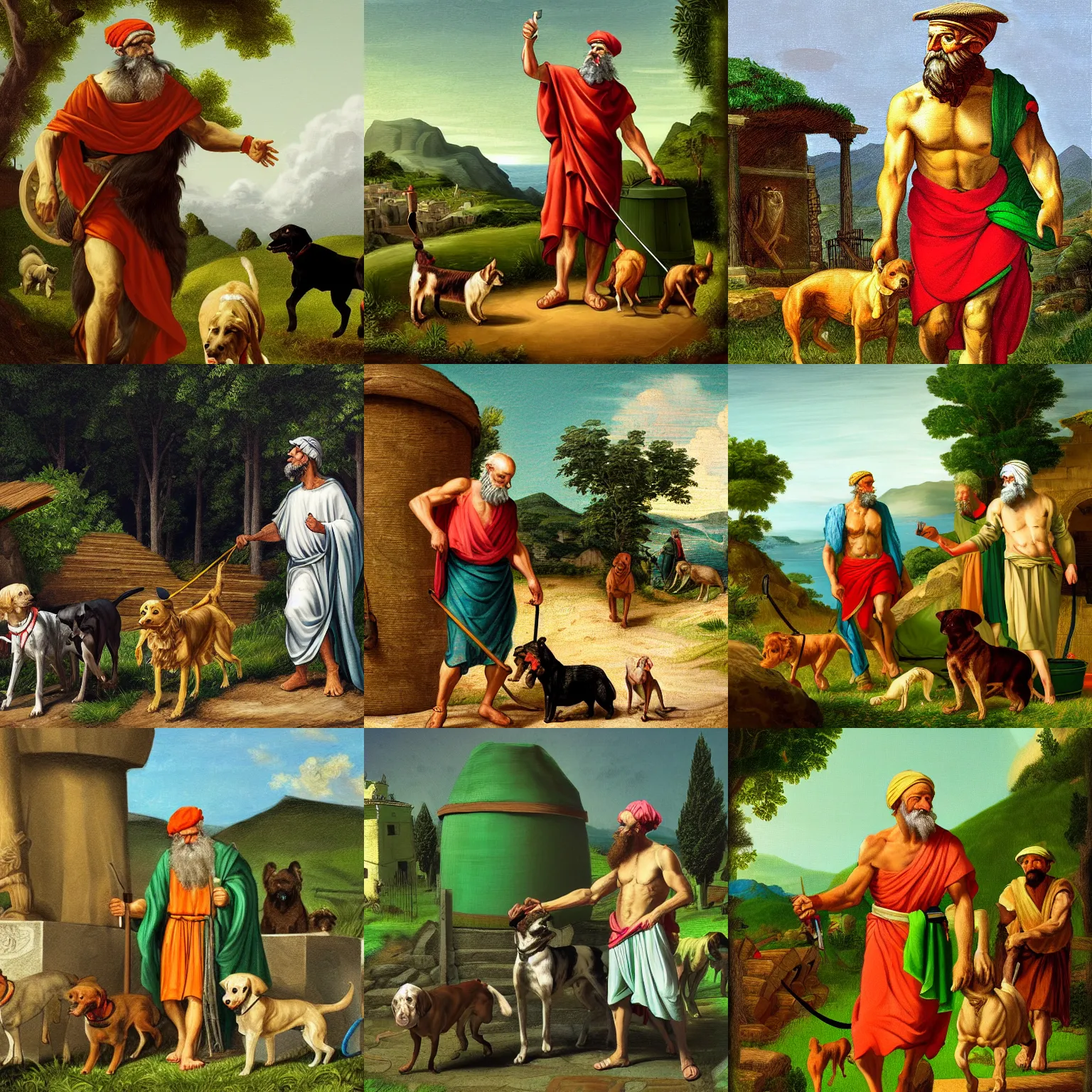 Prompt: Diogenes the greek philosopher wearing a bright green modern cap hat, near his barrel home, with dogs around, nothing else is green, no green, highly detailed, digital painting