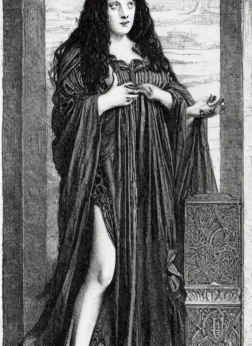 Image similar to morgan le fay and, art by frederick sandys,