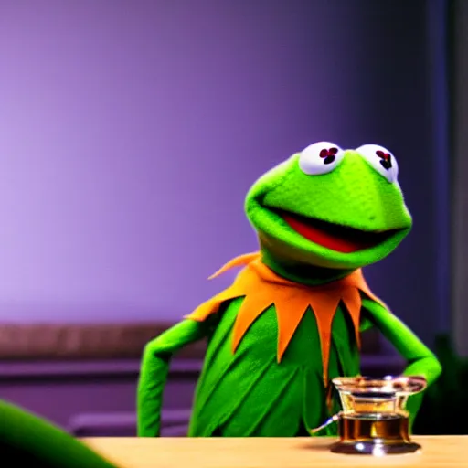 Image similar to candid photo of kermit the frog sitting on the couch hitting a bong, kermit the frog in ted ( 2 0 1 2 ) bong scene, kermit the frog using a bong, kermit bong bong kermit froggy bong, high resolution photo, trending on artstation, interior design,