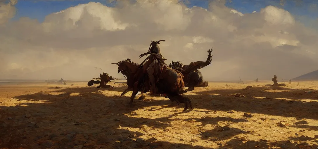 Image similar to The arms of god and death, wide shot, epic scale, photorealistic, muted colors, long shadows, split image, by Ilya Repin Greg Rutkowski Asher Duran