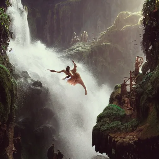 Image similar to an extremely detailed matte painting of a thruple dancing in a cavern behind a waterfall, epic fantasy, viewed in profile from far away, sharp focus, detailed face, art by greg rutkowski and alphonse mucha, volumetric lighting, 4 k resolution, trending on artstation, masterpiece