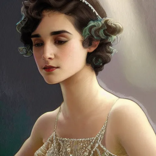 Image similar to full figure ultra realistic illustration, aurora perrineau wearing a 1 9 2 0 s flapper dress, 1 9 2 0 s hair, 1 9 2 0 s brooklyn, intricate, elegant, highly detailed, digital painting, artstation, concept art, smooth, sharp focus, illustration, art by artgerm and greg rutkowski and alphonse mucha