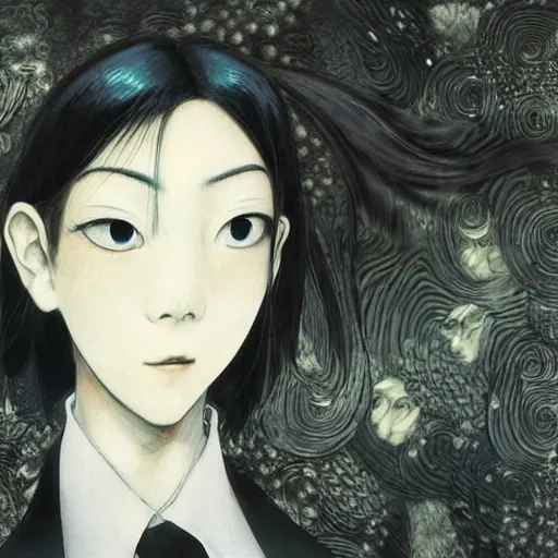 Image similar to yoshitaka amano blurred and dreamy realistic illustration of a character with black eyes and white hair wearing dress suit with tie, junji ito abstract patterns in the background, satoshi kon anime, noisy film grain effect, highly detailed, renaissance oil painting, weird portrait angle, blurred lost edges, three quarter view
